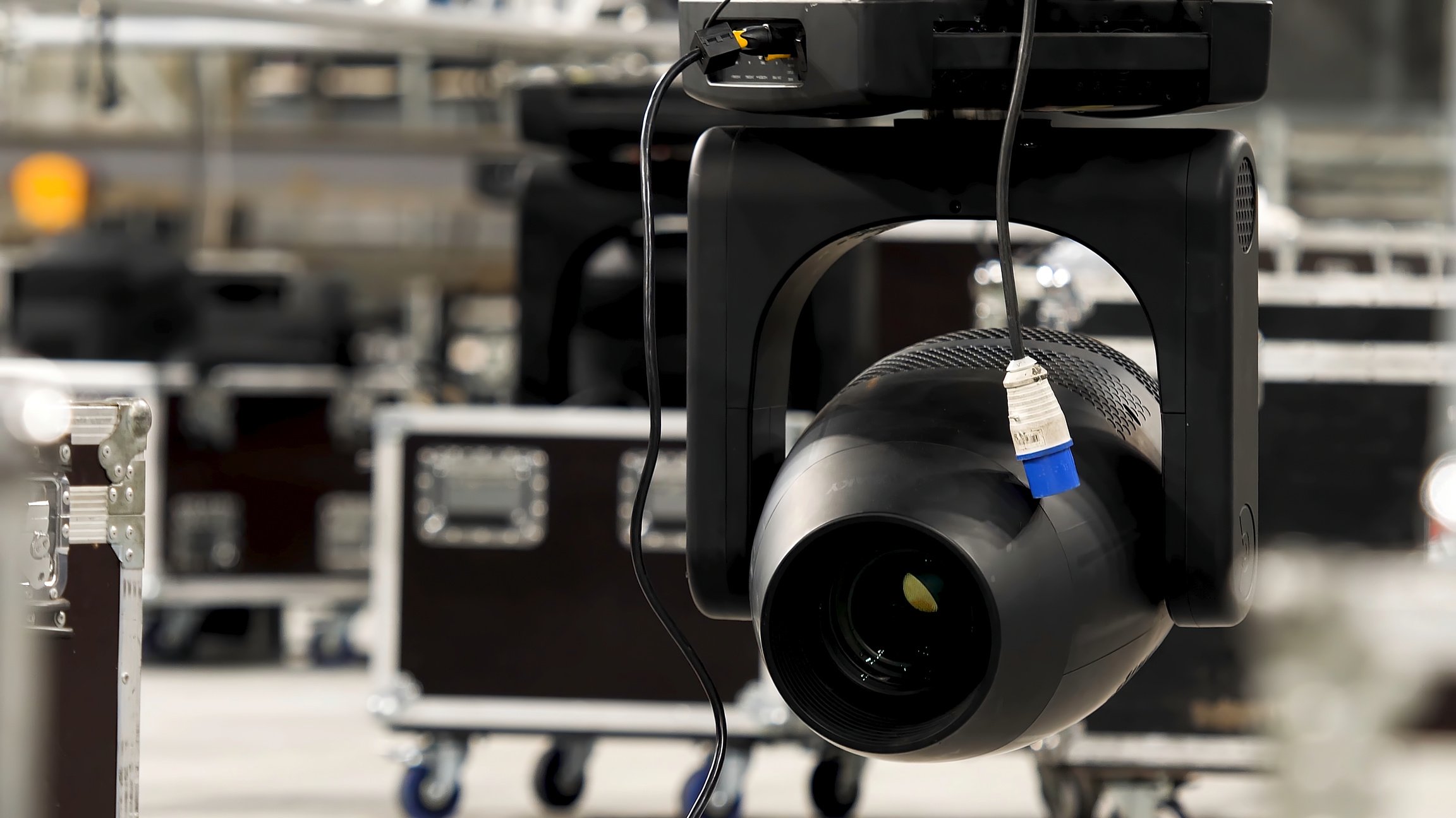 Close up of a Spotlight, Element of Stage Light, Professional Equipment Concept. Stock Footage. Turned off Illuminating Device during Stage Installation.